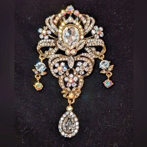 Chunky Brooch Pin Pendant Clear Glass Rhinestones Art Deco Style Large Teardrop